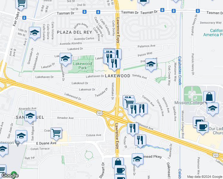 map of restaurants, bars, coffee shops, grocery stores, and more near 263 Velvetlake Drive in Sunnyvale
