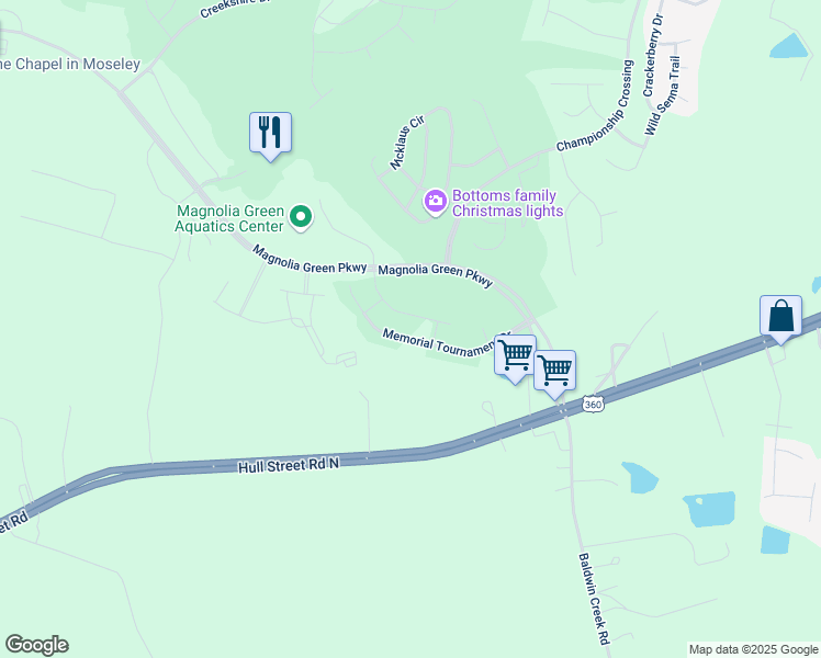 map of restaurants, bars, coffee shops, grocery stores, and more near 17504 Wynstone Park Lane in Moseley