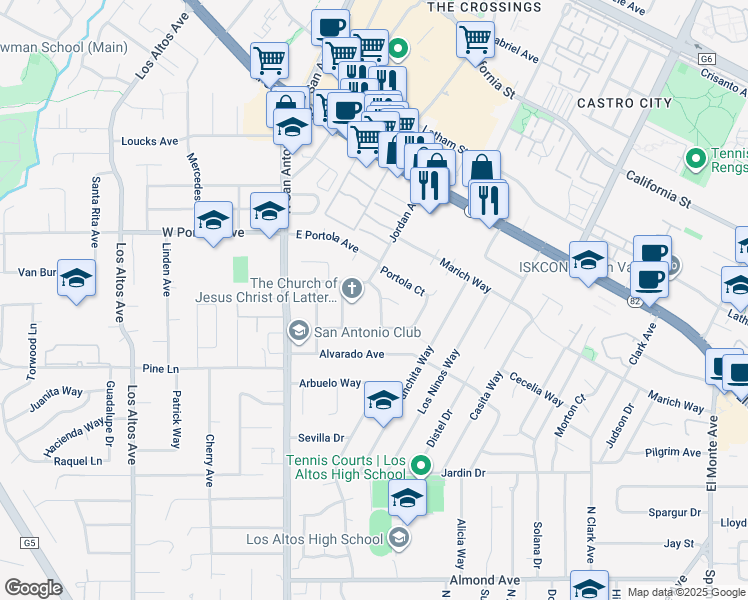 map of restaurants, bars, coffee shops, grocery stores, and more near 200 Delphi Circle in Los Altos