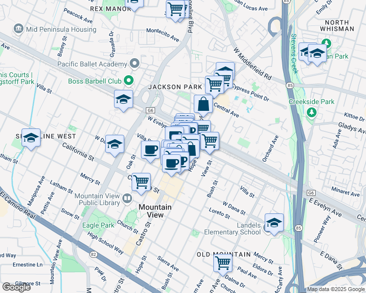 map of restaurants, bars, coffee shops, grocery stores, and more near 132 Wild Cherry Lane in Mountain View