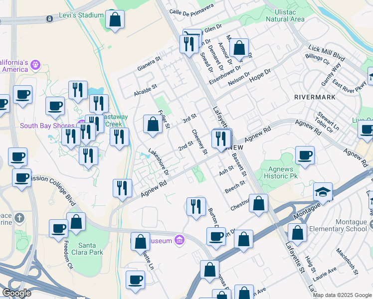 map of restaurants, bars, coffee shops, grocery stores, and more near 4416 Fillmore Street in Santa Clara