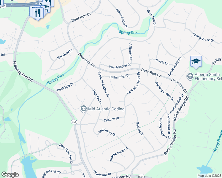 map of restaurants, bars, coffee shops, grocery stores, and more near 7700 Gallant Fox Court in Midlothian