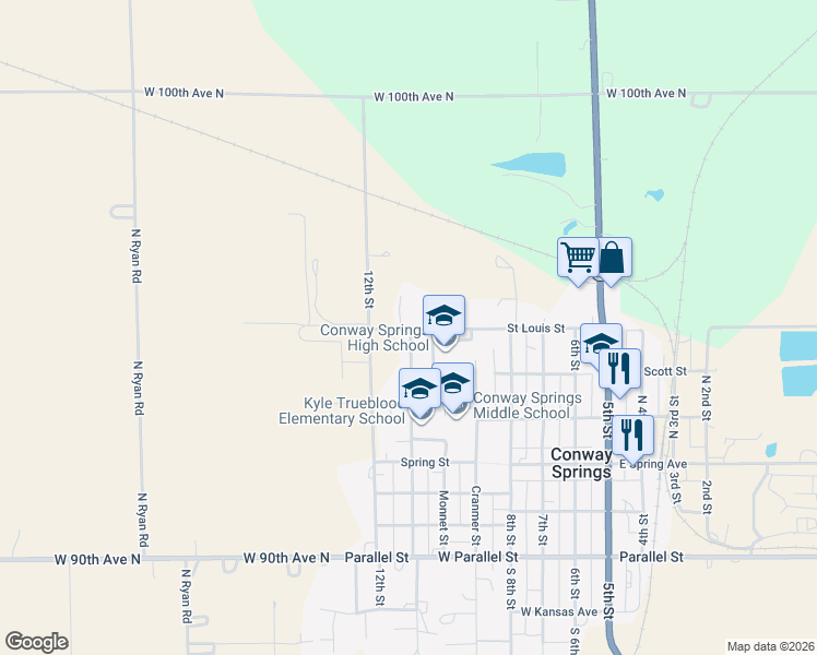 map of restaurants, bars, coffee shops, grocery stores, and more near 552-554 Saint Louis Street in Conway Springs
