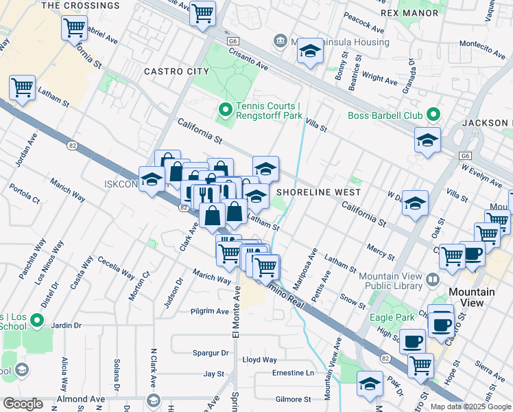 map of restaurants, bars, coffee shops, grocery stores, and more near 565 Escuela Avenue in Mountain View