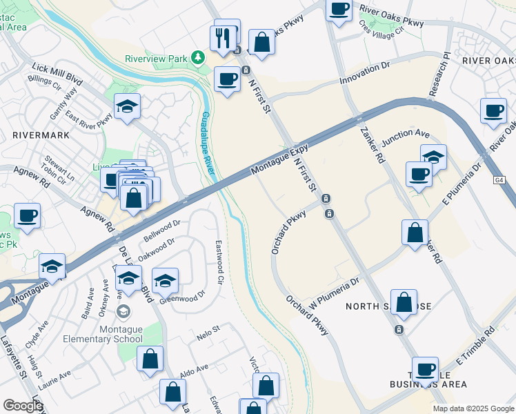 map of restaurants, bars, coffee shops, grocery stores, and more near 3055 Orchard Dr in San Jose