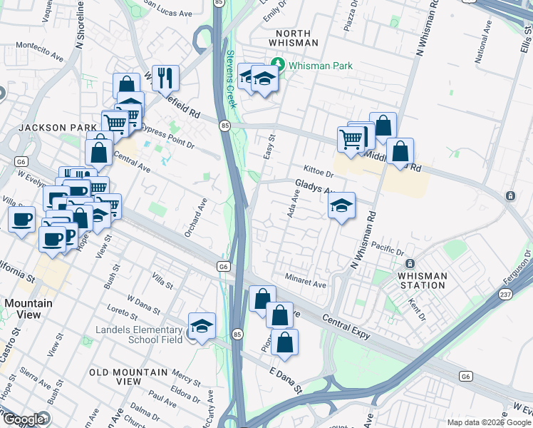map of restaurants, bars, coffee shops, grocery stores, and more near 139 Brenton Court in Mountain View