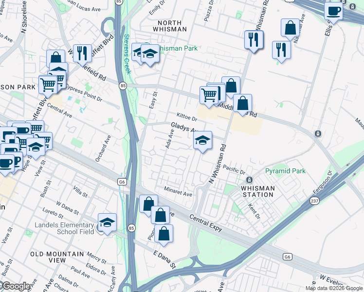map of restaurants, bars, coffee shops, grocery stores, and more near 217 Ada Avenue in Mountain View