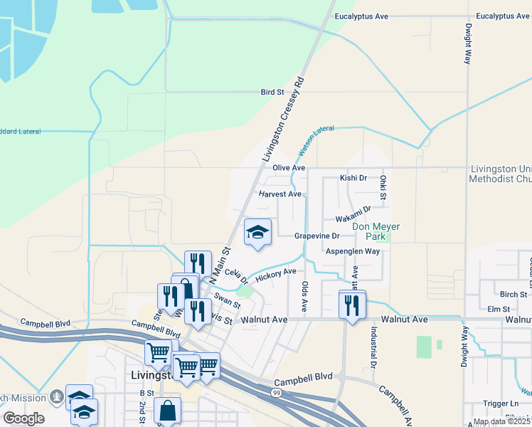 map of restaurants, bars, coffee shops, grocery stores, and more near 1485 Nut Tree Road in Livingston