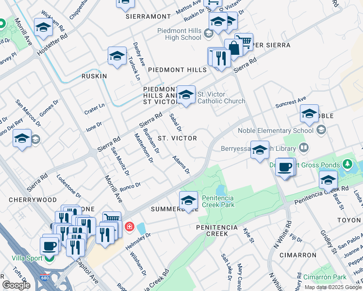 map of restaurants, bars, coffee shops, grocery stores, and more near 1226 Sabal Drive in San Jose