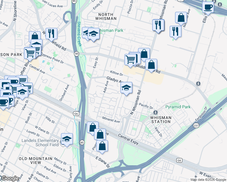 map of restaurants, bars, coffee shops, grocery stores, and more near 217 Ada Avenue in Mountain View
