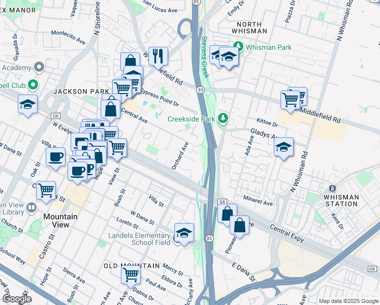 map of restaurants, bars, coffee shops, grocery stores, and more near 181 Central Avenue in Mountain View