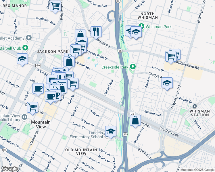 map of restaurants, bars, coffee shops, grocery stores, and more near 280d Orchard Avenue in Mountain View