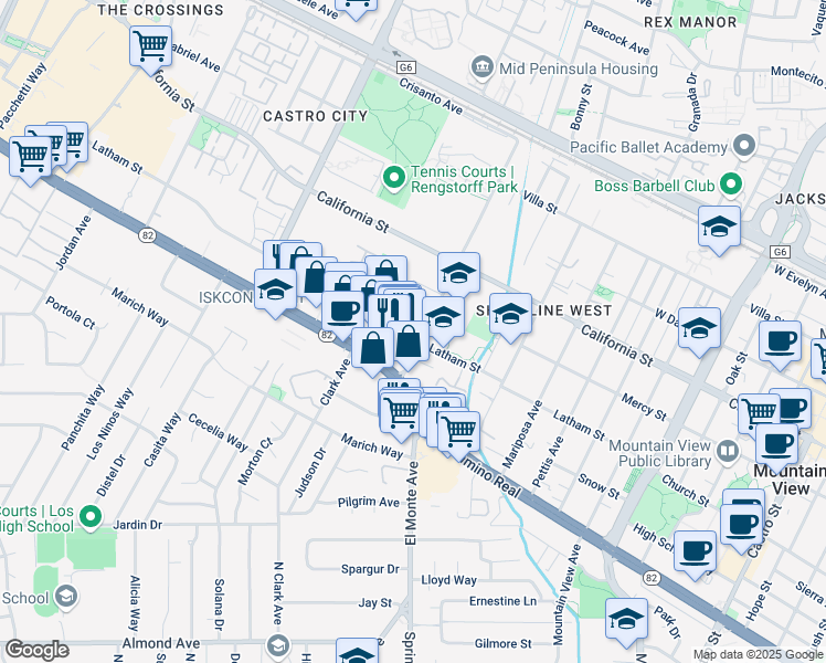 map of restaurants, bars, coffee shops, grocery stores, and more near 574 Escuela Avenue in Mountain View