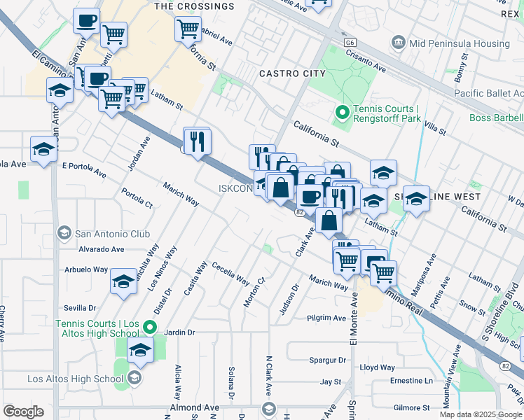 map of restaurants, bars, coffee shops, grocery stores, and more near 2065 West El Camino Real in Mountain View