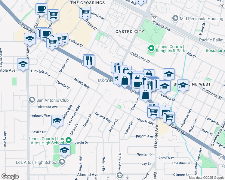 map of restaurants, bars, coffee shops, grocery stores, and more near 2065 West El Camino Real in Mountain View