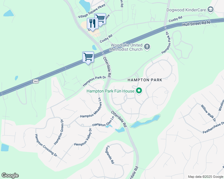 map of restaurants, bars, coffee shops, grocery stores, and more near 16100 Hampton Summit Drive in Chesterfield
