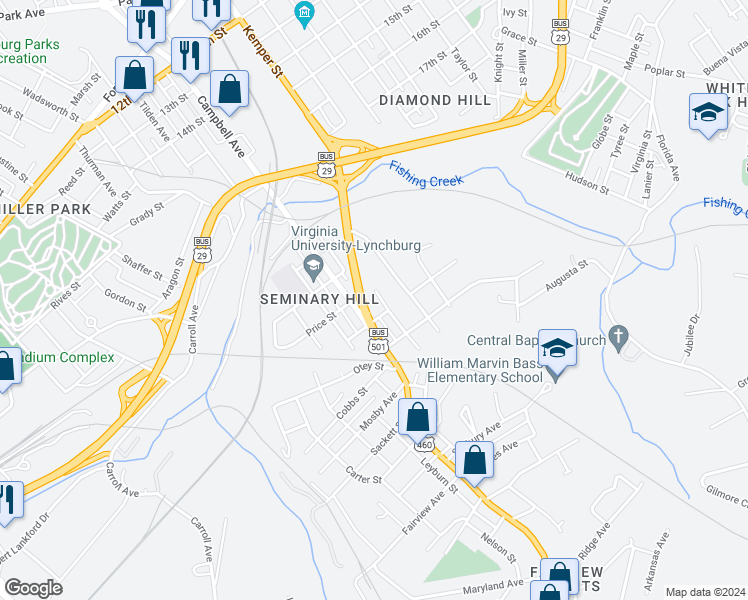 map of restaurants, bars, coffee shops, grocery stores, and more near 2265 Tazewell Avenue in Lynchburg