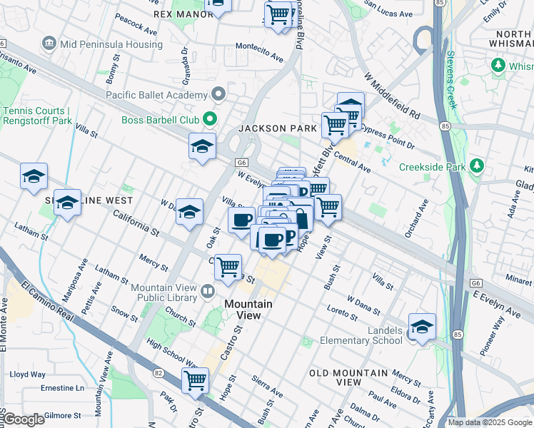 map of restaurants, bars, coffee shops, grocery stores, and more near 954 Villa Street in Mountain View