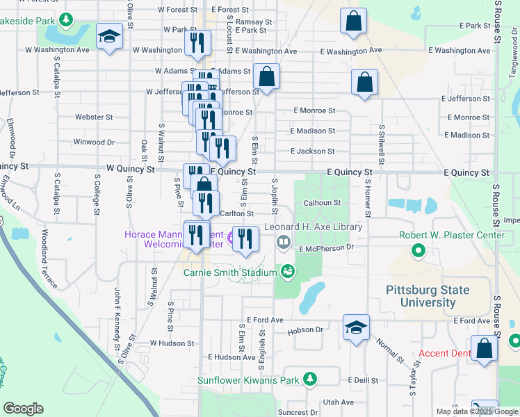 map of restaurants, bars, coffee shops, grocery stores, and more near 207 East Carlton Street in Pittsburg