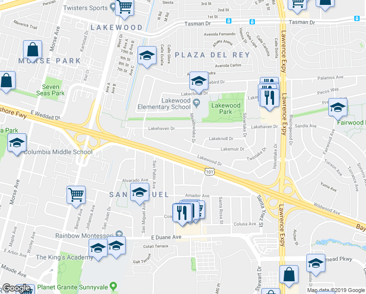 map of restaurants, bars, coffee shops, grocery stores, and more near 735 Lakewood Drive in Sunnyvale