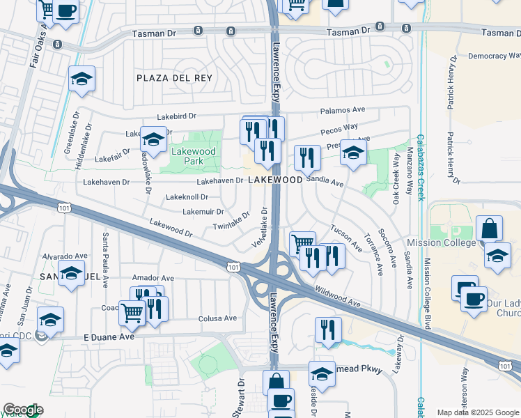 map of restaurants, bars, coffee shops, grocery stores, and more near 267 Velvetlake Drive in Sunnyvale