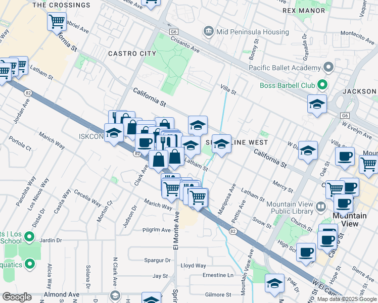 map of restaurants, bars, coffee shops, grocery stores, and more near 574 Escuela Avenue in Mountain View