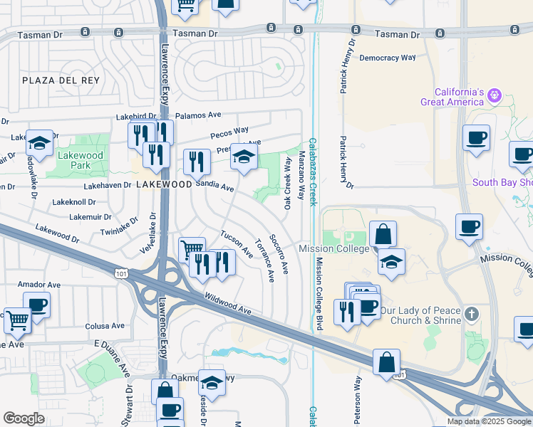 map of restaurants, bars, coffee shops, grocery stores, and more near 1252 Oak Creek Way in Sunnyvale