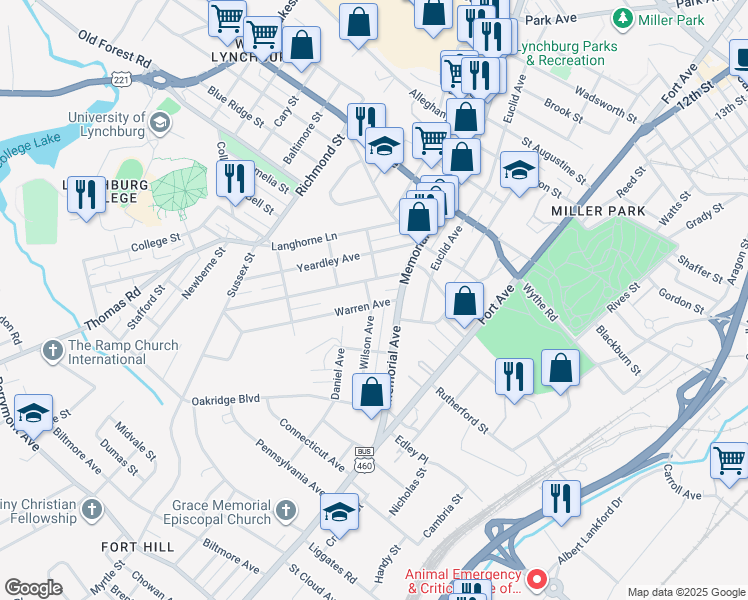 map of restaurants, bars, coffee shops, grocery stores, and more near 108 Warren Avenue in Lynchburg