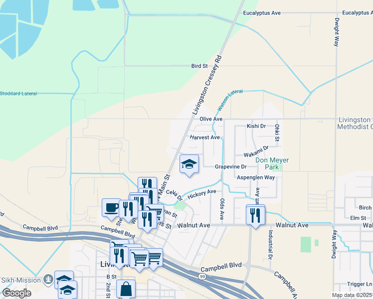 map of restaurants, bars, coffee shops, grocery stores, and more near 1485 Nut Tree Road in Livingston