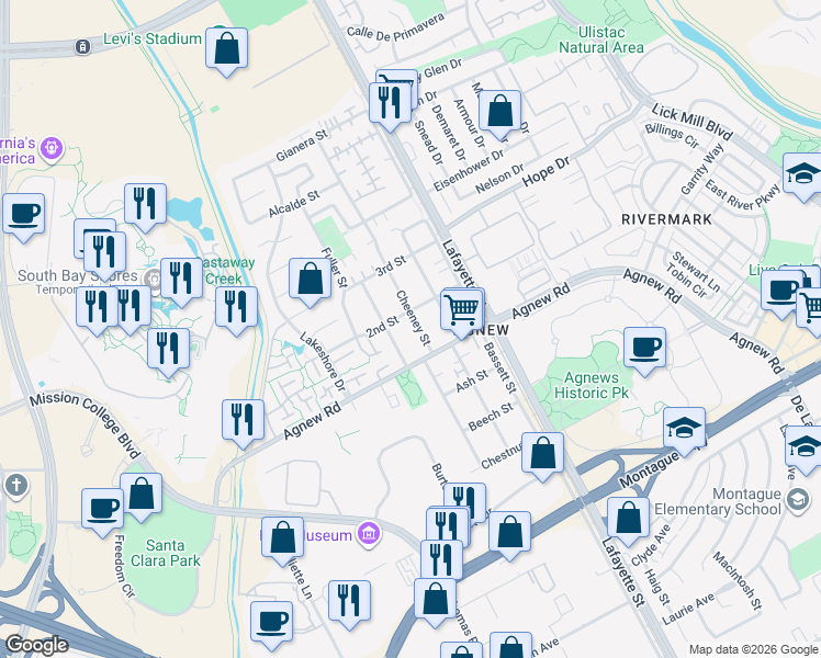 map of restaurants, bars, coffee shops, grocery stores, and more near in Santa Clara