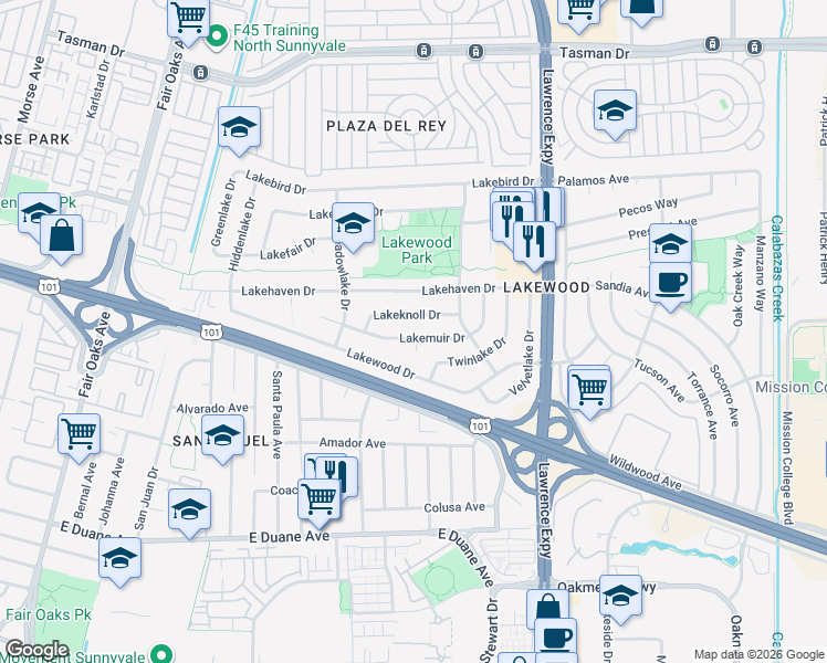map of restaurants, bars, coffee shops, grocery stores, and more near 814 Lakeknoll Drive in Sunnyvale