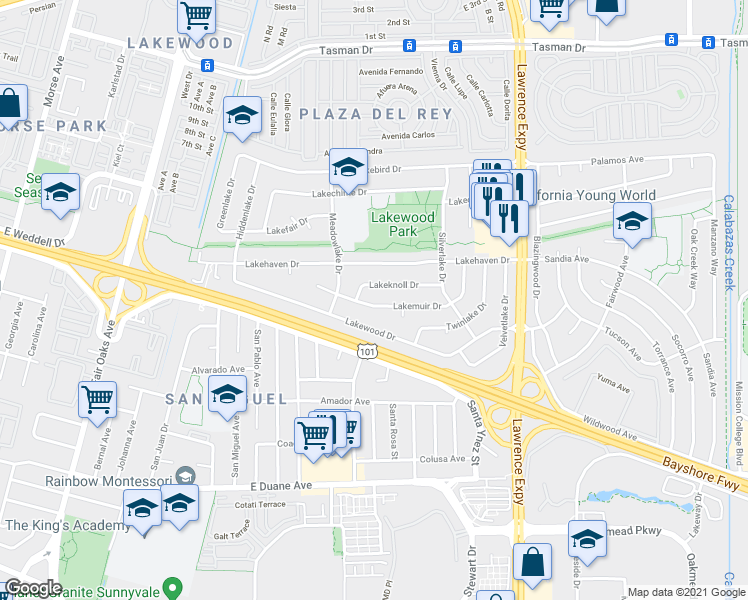 map of restaurants, bars, coffee shops, grocery stores, and more near 772 Lakeknoll Drive in Sunnyvale