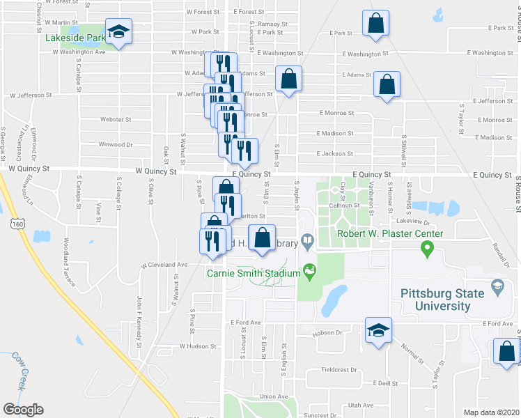 map of restaurants, bars, coffee shops, grocery stores, and more near 1404 South Elm Street in Pittsburg