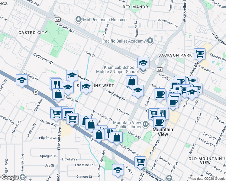 map of restaurants, bars, coffee shops, grocery stores, and more near 376 Pettis Avenue in Mountain View