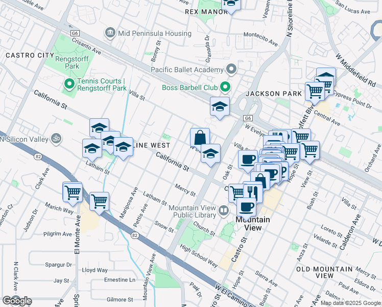map of restaurants, bars, coffee shops, grocery stores, and more near 329 Palo Alto Avenue in Mountain View