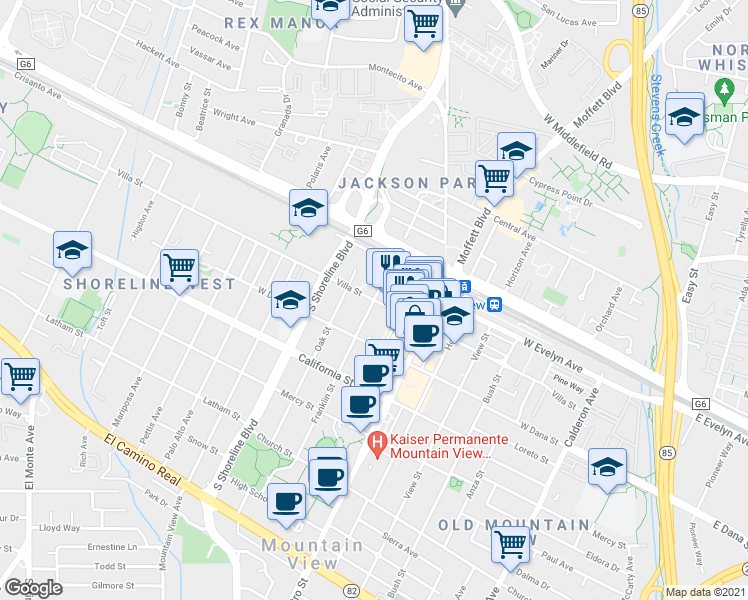 map of restaurants, bars, coffee shops, grocery stores, and more near Villa Street & Franklin Street in Mountain View