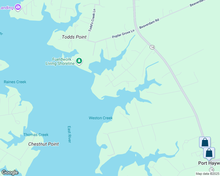 map of restaurants, bars, coffee shops, grocery stores, and more near 461 Weston Hall Road in Port Haywood