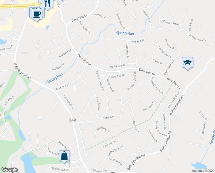 map of restaurants, bars, coffee shops, grocery stores, and more near 7624 Gallant Fox Court in Midlothian