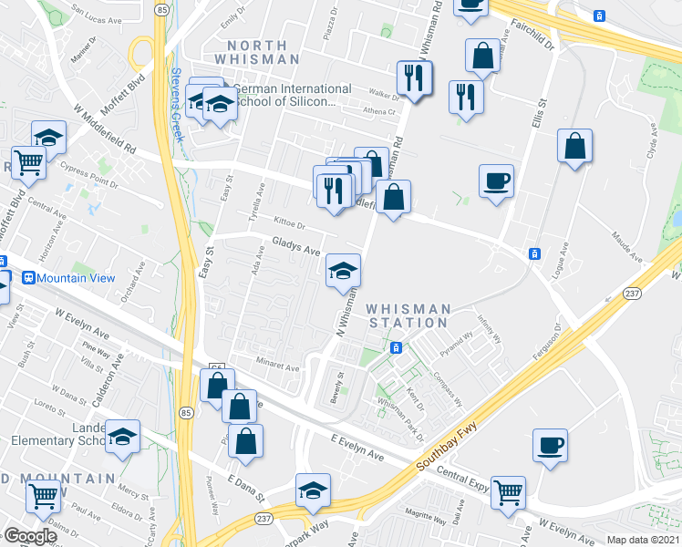 map of restaurants, bars, coffee shops, grocery stores, and more near 325 Gladys Avenue in Mountain View