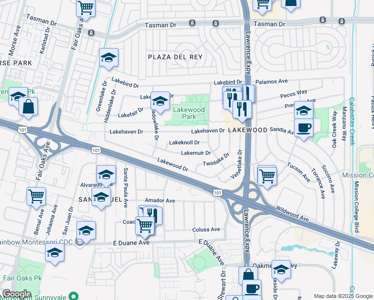 map of restaurants, bars, coffee shops, grocery stores, and more near 814 Lakeknoll Drive in Sunnyvale
