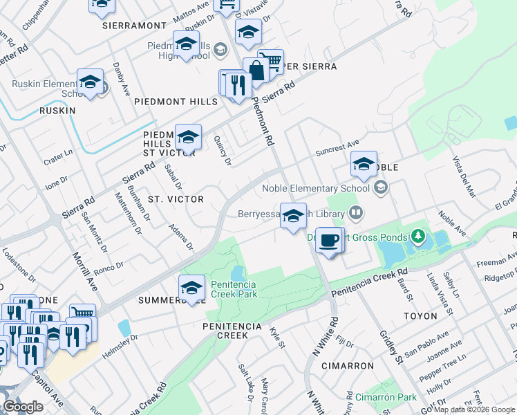 map of restaurants, bars, coffee shops, grocery stores, and more near 3211 Lenark Drive in San Jose
