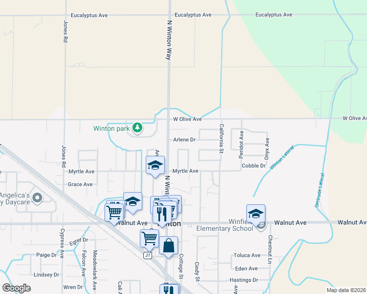 map of restaurants, bars, coffee shops, grocery stores, and more near 7316 Edythe Circle in Winton