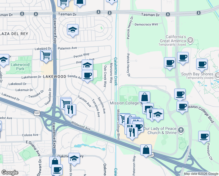 map of restaurants, bars, coffee shops, grocery stores, and more near 1262 Manzano Way in Sunnyvale
