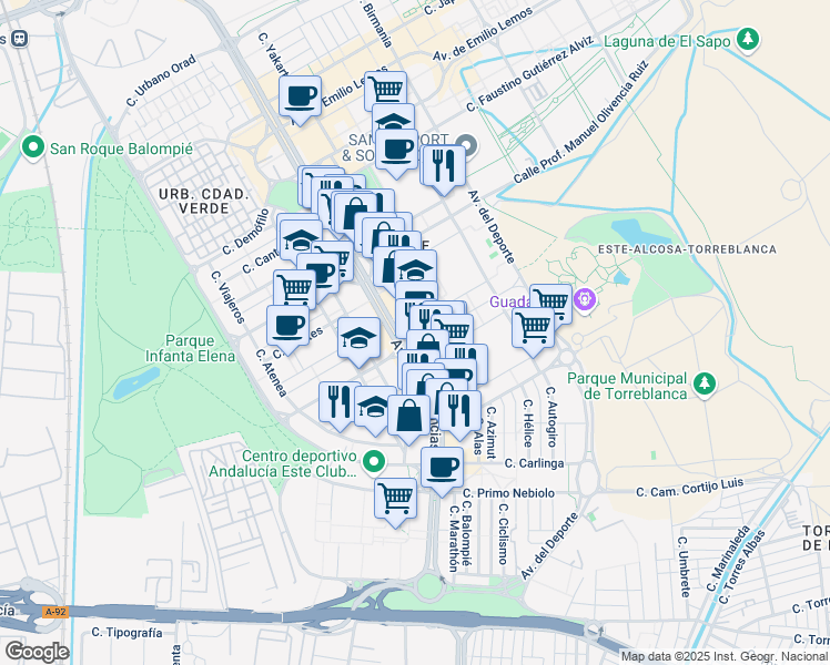 map of restaurants, bars, coffee shops, grocery stores, and more near 3 Calle Flor de Salvia in Sevilla