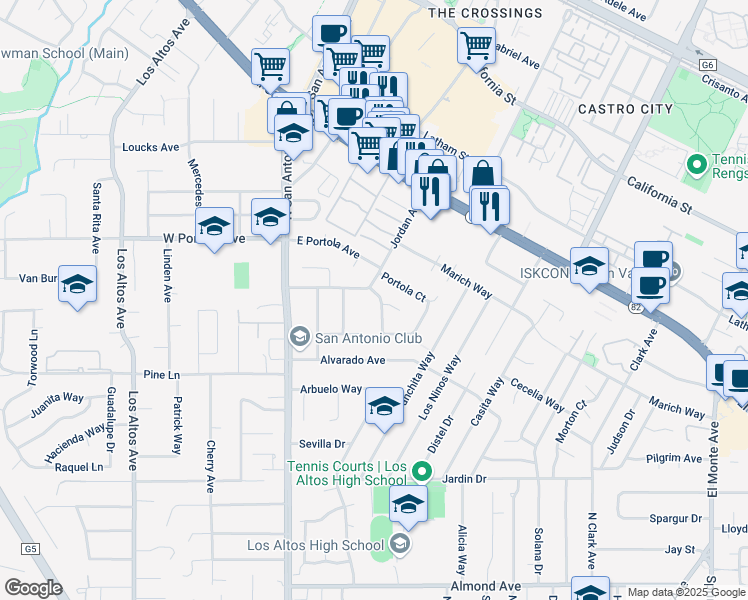 map of restaurants, bars, coffee shops, grocery stores, and more near 200 Delphi Circle in Los Altos