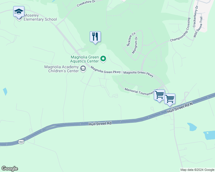 map of restaurants, bars, coffee shops, grocery stores, and more near 7630 Magnolia Green Parkway in Moseley