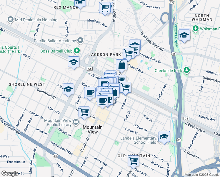 map of restaurants, bars, coffee shops, grocery stores, and more near 132 Wild Cherry Lane in Mountain View