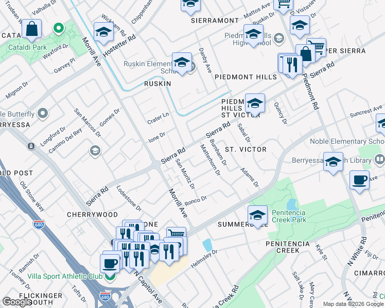 map of restaurants, bars, coffee shops, grocery stores, and more near 2952 Sierra Road in San Jose
