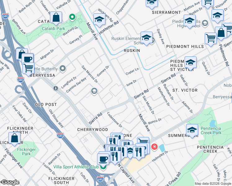 map of restaurants, bars, coffee shops, grocery stores, and more near 2716 Somerset Park Circle in San Jose