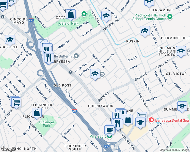 map of restaurants, bars, coffee shops, grocery stores, and more near 1353 Cabrillo Avenue in San Jose